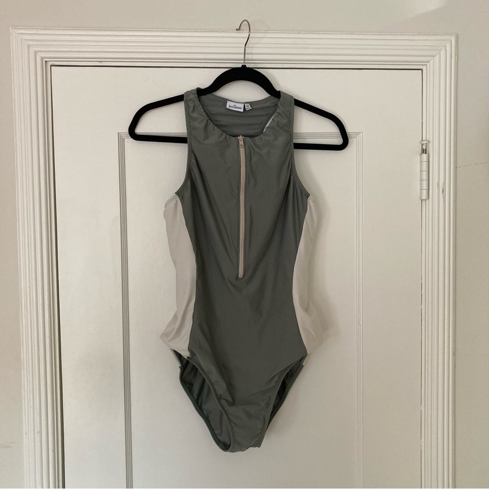Hermoza Green and White Margaret High Neck Zipper One-Piece Swimsuit